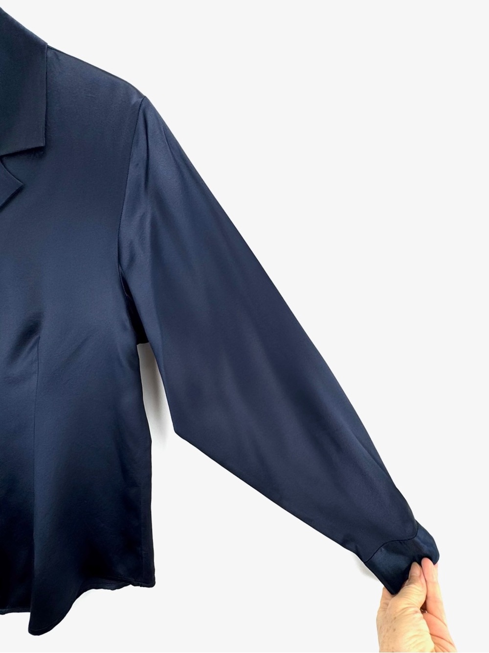 100% Silk Navy Blue Button-Front Long Sleeve Blouse - Picture 8 of 16
